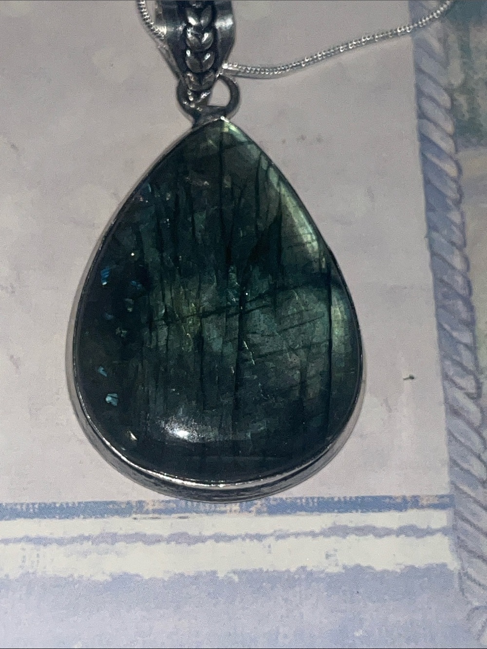 New 925 Labradorite Teardrop Pendant Necklace - Deep Green
